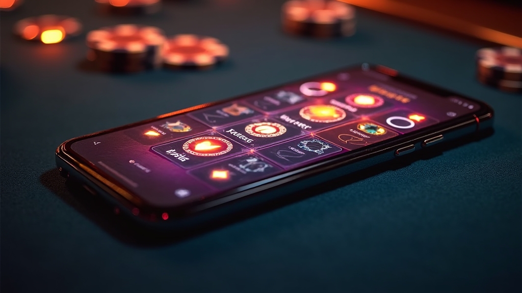 Smartphone mit Downloadbildschirm in dunkler Casino-Atmosphäre