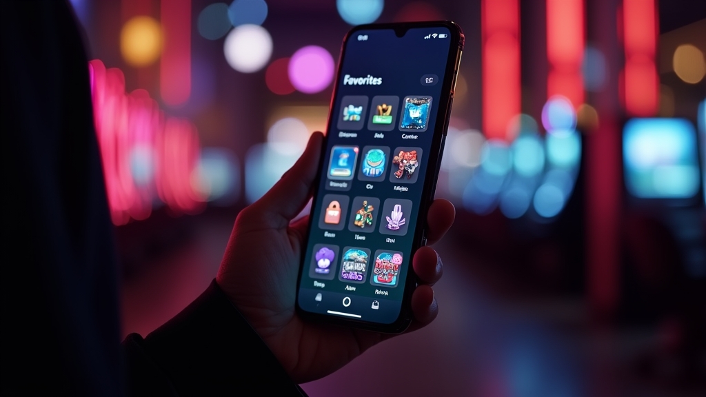 Smartphone mit App-Funktionen wie Favoriten und Zahlungen in Casino-Umgebung