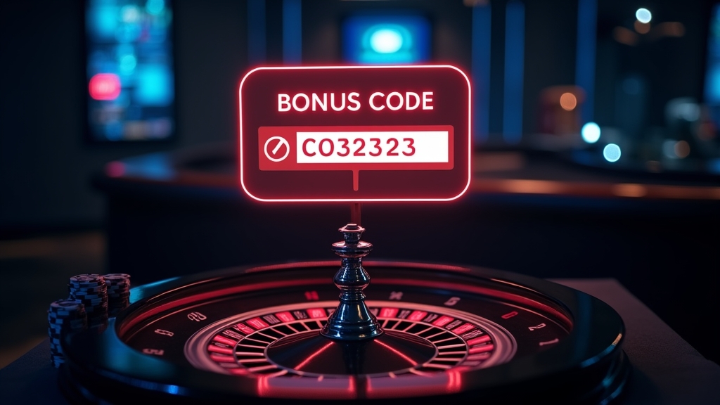 Casino-Tisch mit leuchtendem Bonuscode und dunkler Neon-Atmosphäre