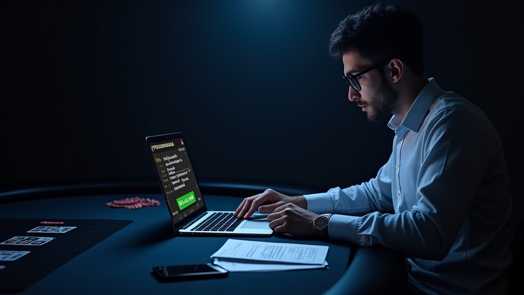 Spieler prüft Auszahlungsstatus am Laptop im dunklen Casino